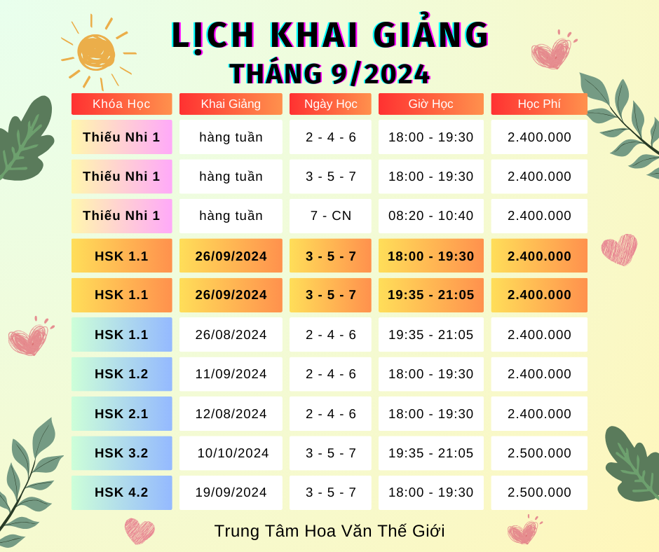 LỊCH KHAI GIẢNG THÁNG 9